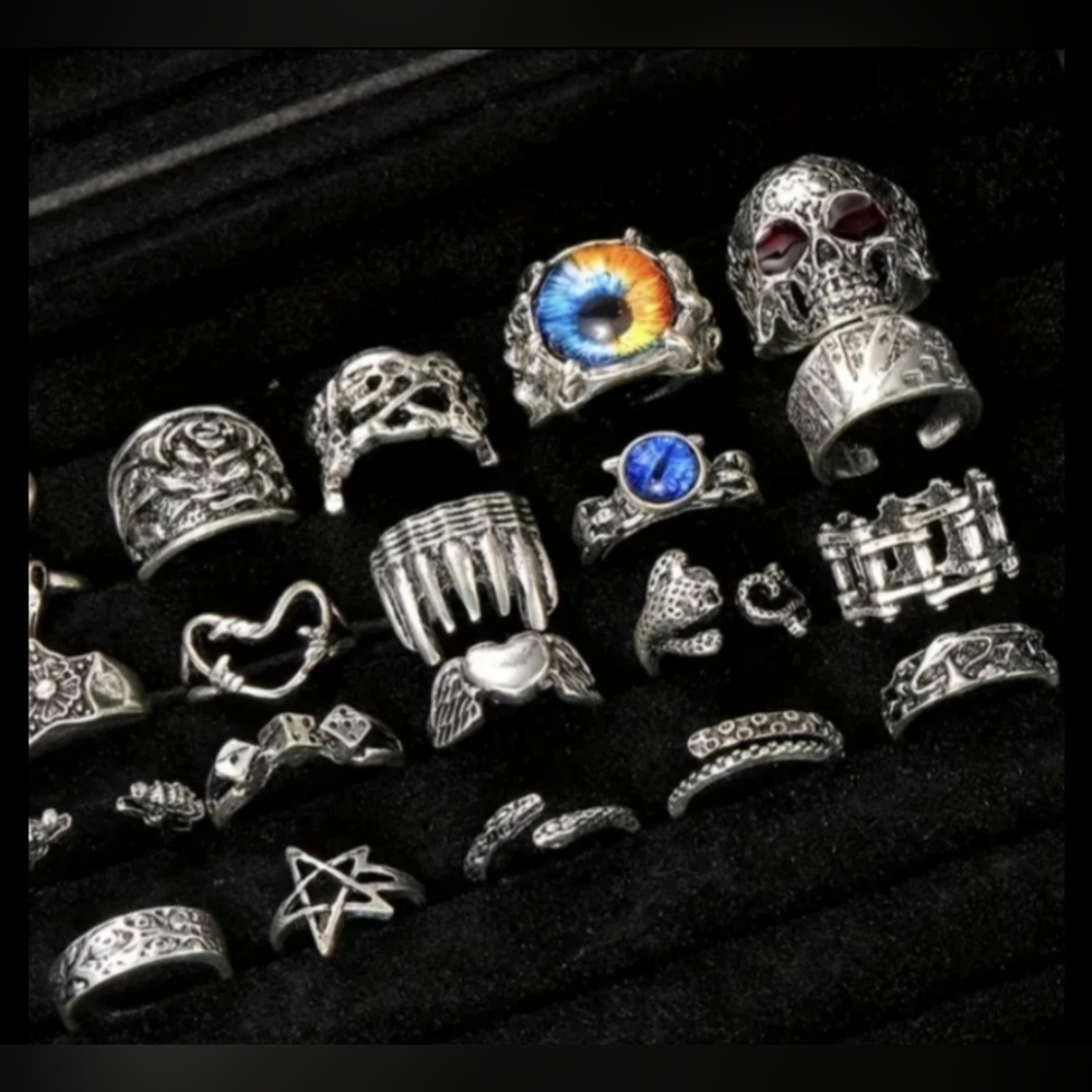 20 Pc Silver Rings Heavy Metal Silvery Punk Grunge Goth Rings Teen Gift - Picture 6 of 6